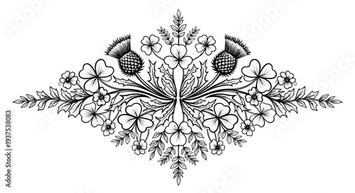 Intricate black and white floral design with leaves and flowers.