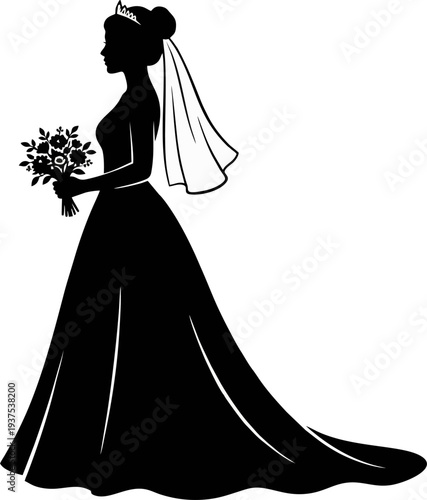 Wallpaper Mural Elegant Silhouette Bride in Wedding Dress Holding Flower Bouquet Isolated on White Background Torontodigital.ca