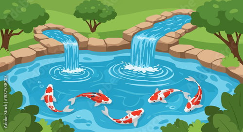 Koi pond with waterfalls and lush greenery