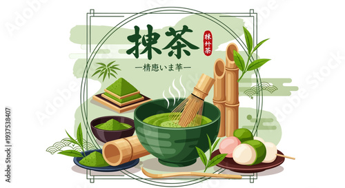 Matcha tea ceremony set with bamboo and sweets