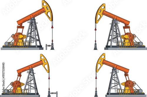 Oil pump jacks in different operating positions
