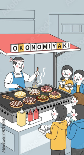 Okonomiyaki street food stall with happy customers
