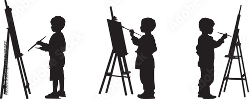 Black silhouette of a child standing at an easel with a paintbrush, creative stance. Set of 4 black silhouette artists painting vector