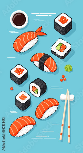 Sushi Assortment with Chopsticks on Blue