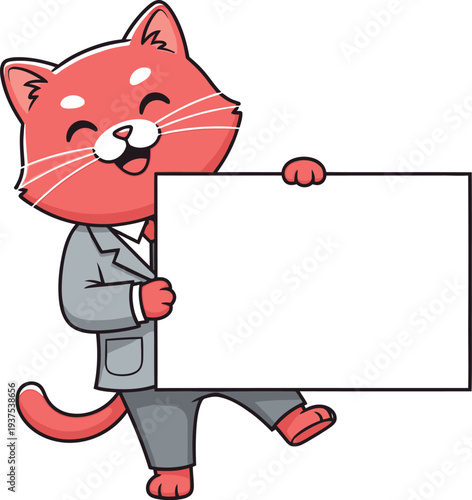 Cartoon cat in suit holding blank sign
