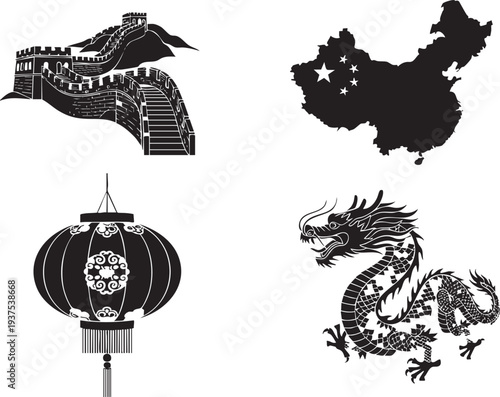 Chinese Cultural Symbols Vector Set Great Wall Dragon Lantern Map