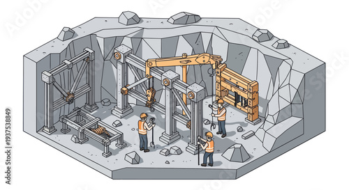 Construction workers operating heavy machinery in an underground mine.