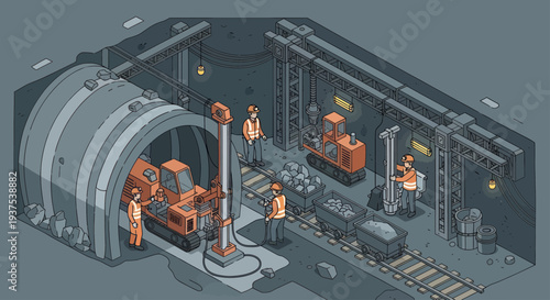 Construction workers operating heavy machinery in underground tunnel project.