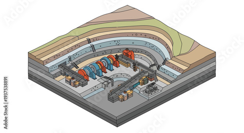 Cross section of a mine showing mining equipment and geological layers.
