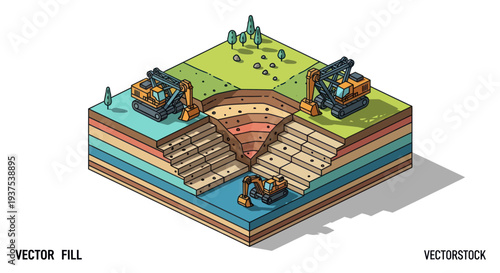 Cross section of earth showing mining operations and geological layers.
