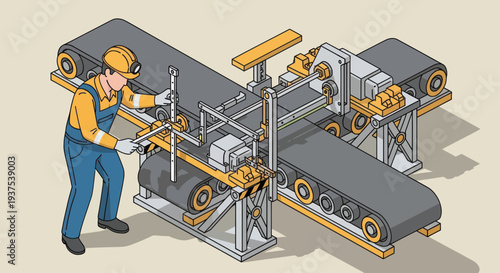 Factory worker operating industrial conveyor belt machinery.