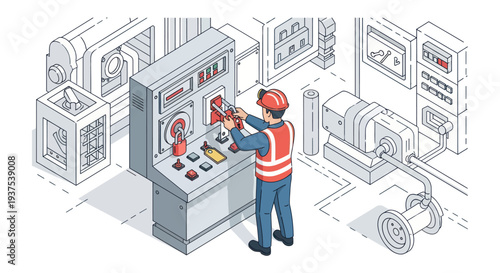 Engineer operating complex industrial control panel with safety gear.