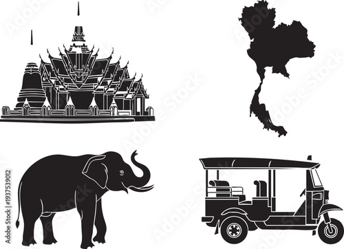 Thailand Travel Vector Set: Iconic Landmarks & Culture Silhouettes