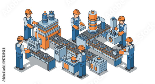 Factory workers operating modern assembly line machinery in a production facility.