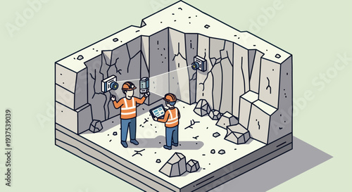 Geologists Exploring Underground Cave with Tools and Tablets.