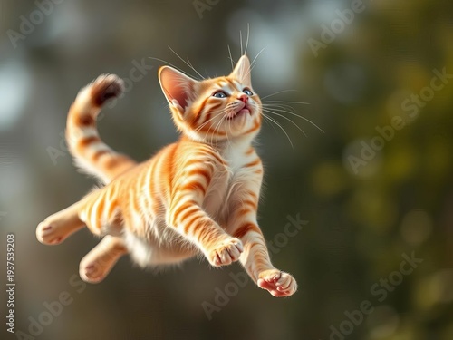Whiskers splayed, paws tucked in, feline form arcs through mid-air, capturing joyous momentum, agile, abstract