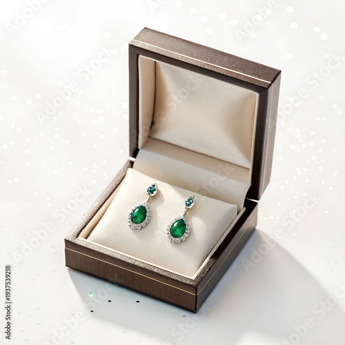 Luxury open jewelry box displaying emerald earrings, velvet interior.