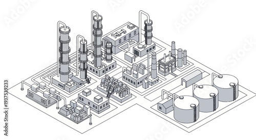 Industrial Chemical Plant Isometric Line Drawing.