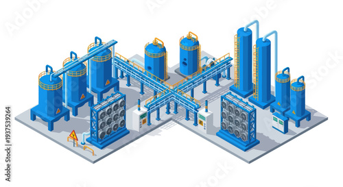 Industrial Chemical Plant with Blue Tanks and Pipes.