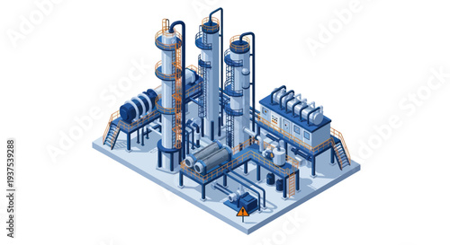 Industrial Chemical Plant with Distillation Towers and Equipment.