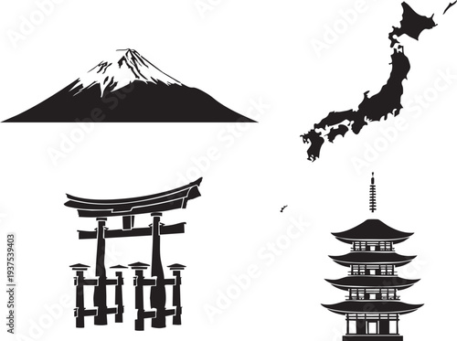 Japan Travel Symbols Set Silhouette Mount Fuji Torii Gate Pagoda Map Vector
