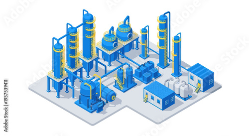 Industrial Chemical Plant with Towers and Tanks.