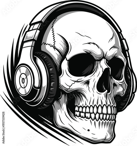Human skull wearing headphones illustration