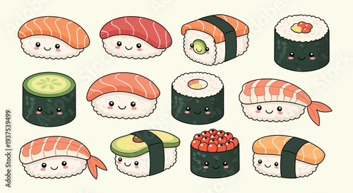 Cute Sushi Characters, Kawaii Food Illustration
