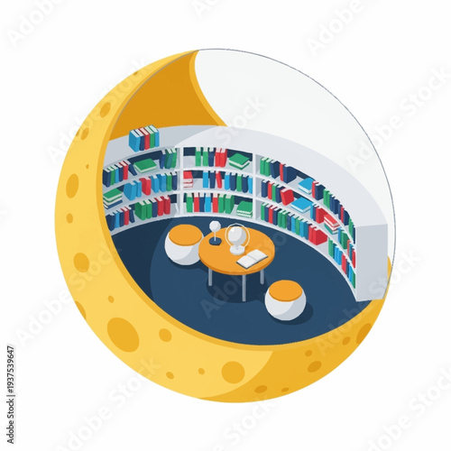 Isometric illustration of a library within a crescent moon shape.