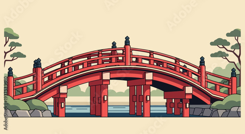 Red Japanese Bridge Arching Over Water