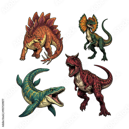 Hand Drawn Marine And Land Dinosaur Illustrations