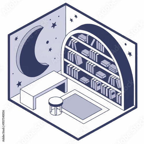 Isometric illustration of a serene study room with bookshelves and a crescent moon.