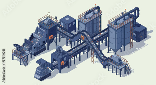 Industrial factory production line with conveyor belts and machinery.