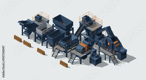 Industrial factory machinery complex with conveyor belts and processing units.