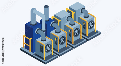 Industrial HVAC system with multiple units and pipes.