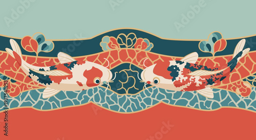 Koi Fish Swimming in Decorative Water Pattern