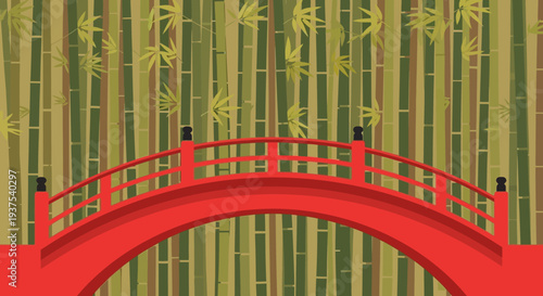 Red Japanese Bridge Over Bamboo Forest