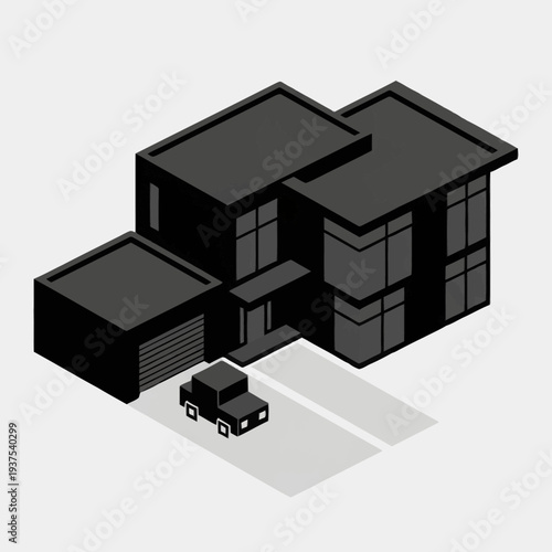 Modern black house with garage and driveway illustration.