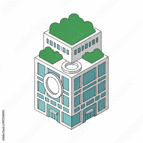 Isometric illustration of a modern eco-friendly office building with rooftop garden.