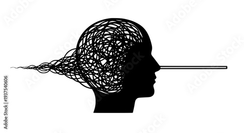 Human head silhouette with tangled thoughts and a long Pinocchio nose symbolizing lies and mental complexity, expressing confusion, truth, deception, or psychological concepts.
