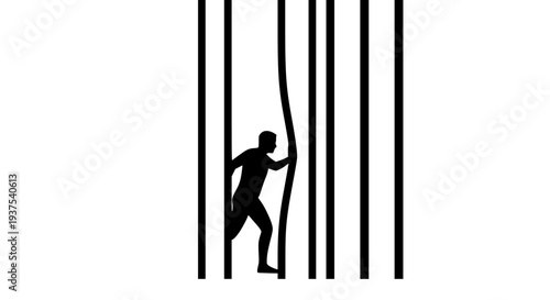 Silhouette of person breaking free from vertical black bars representing imprisonment or restriction, conceptual illustration symbolizing liberation and escape from confinement.