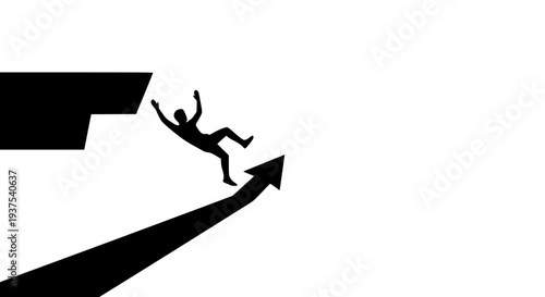 Silhouette illustration depicting a man falling backward off a dark platform onto a sharply angled upward arrow, symbolizing unexpected business setbacks, 