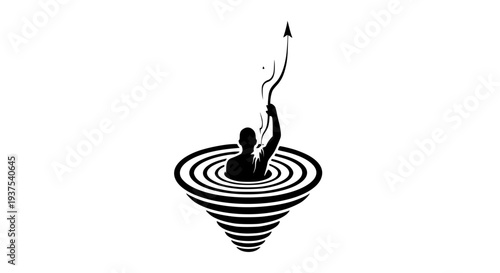 Silhouette of a man pulling himself upward from a swirling vortex, symbolizing overcoming challenges, achieving success, and driving progress in life or business. 