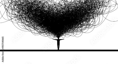 Abstract concept of a person with complex thoughts, a tangled mess of lines erupting from their head, representing mental stress, confusion, overwhelming ideas, or problem-solving.