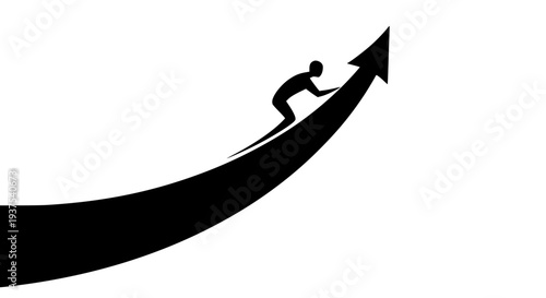 Silhouette of agile figure successfully surfing or climbing a large upward curving black growth arrow symbolizing financial progress, market peak, and future goal achievement.