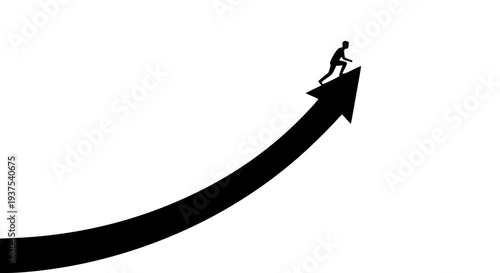 Silhouette of person climbing steep upward curving arrow shape symbolizing continuous growth, achieving goals, career progress, and directional business success strategy.