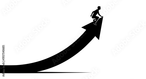 Silhouette of a small person climbing sharply upward on a large curved black arrow symbolizing significant progress, growth, and achieving a business milestone.