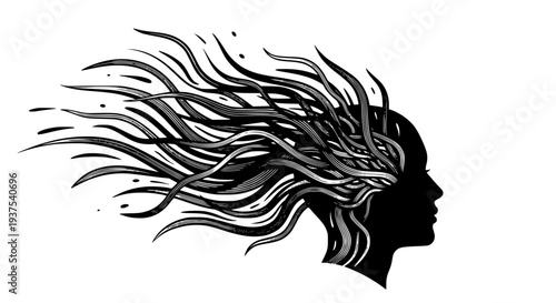 Abstract creative female head silhouette with flowing intricate lines symbolizing intelligent thoughts and complex ideas. This artistic black and white illustration represents mental freedom, 