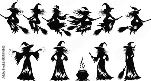 Set of Halloween witch silhouettes featuring characters flying on broomsticks standing by bubbling cauldrons and casting magic spells for holiday graphic design projects