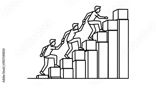 Three men climbing steps together, helping each other ascend a difficult challenge, symbolizing teamwork, support, collaboration, business growth, career development, and mutual assistance in achievin